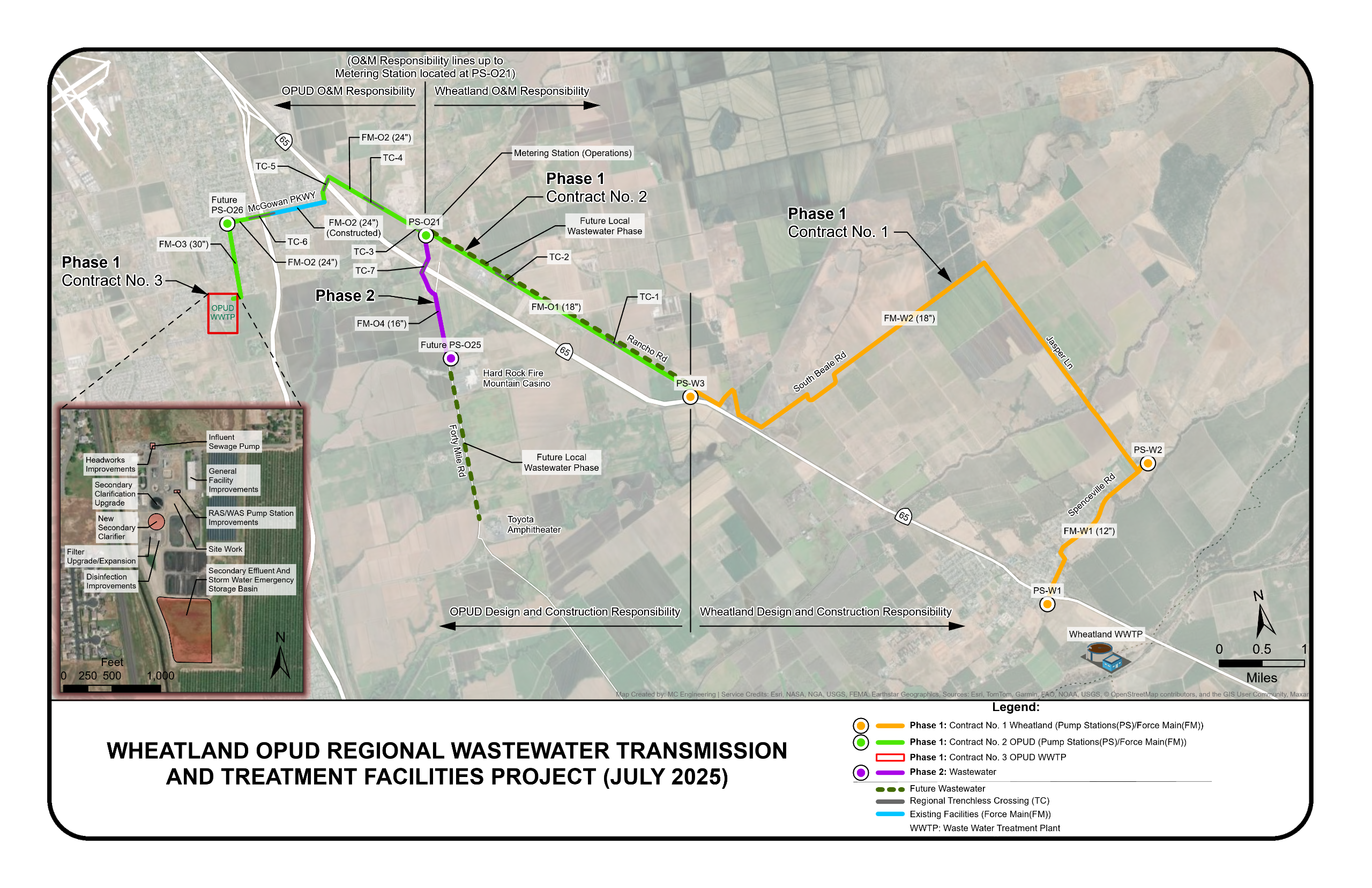 A map of Wheatland and Olivehurst with lines indicating a wastewater project.