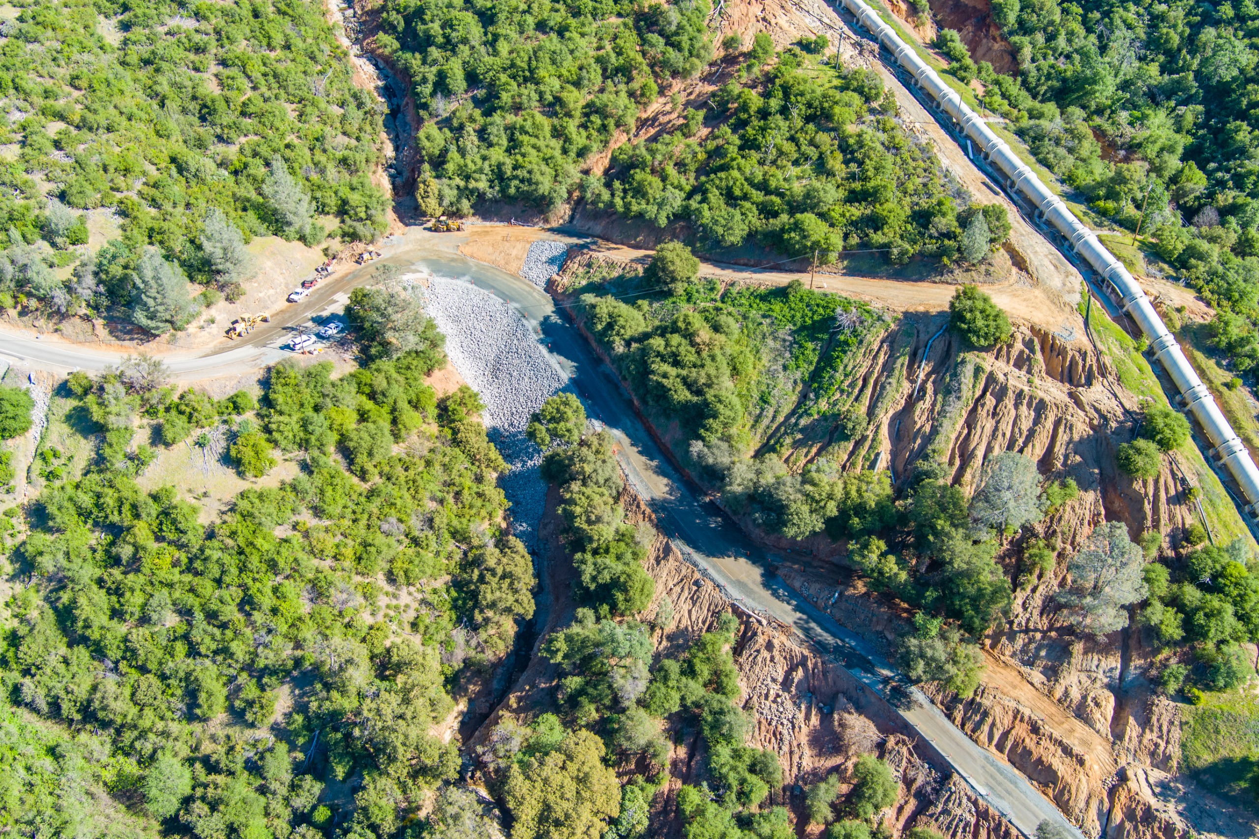 An aerial view of road work on a section of Lake Francis Road in the Yuba County foothills.
