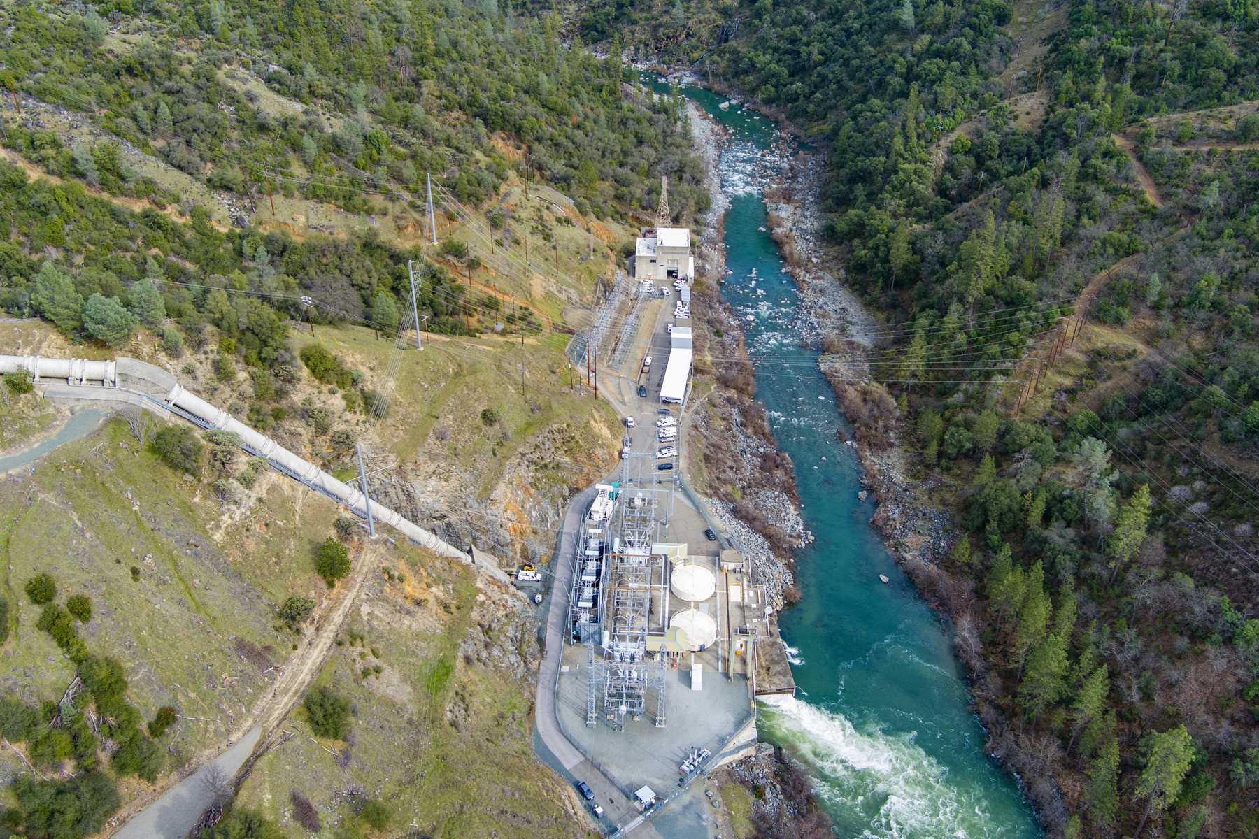 An aerial view of New Colgate Powerhouse next to the Yuba River