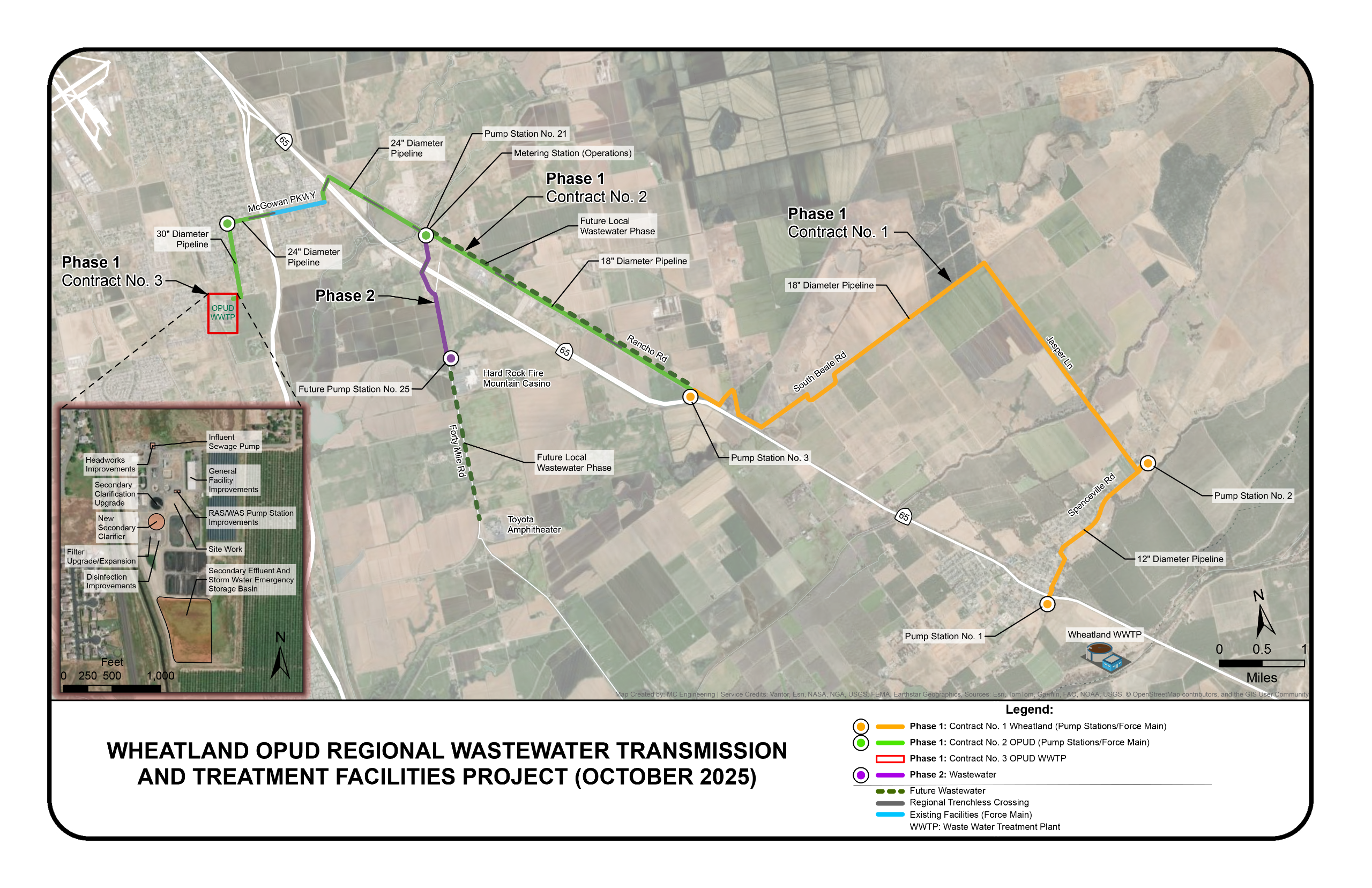 A map of Wheatland and Olivehurst with lines indicating a wastewater project. 