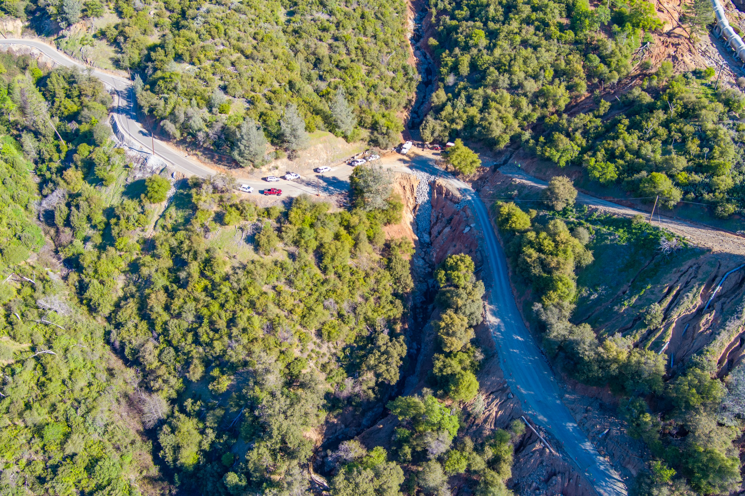 An aerial view of road work on a section of Lake Francis Road in the Yuba County foothills.