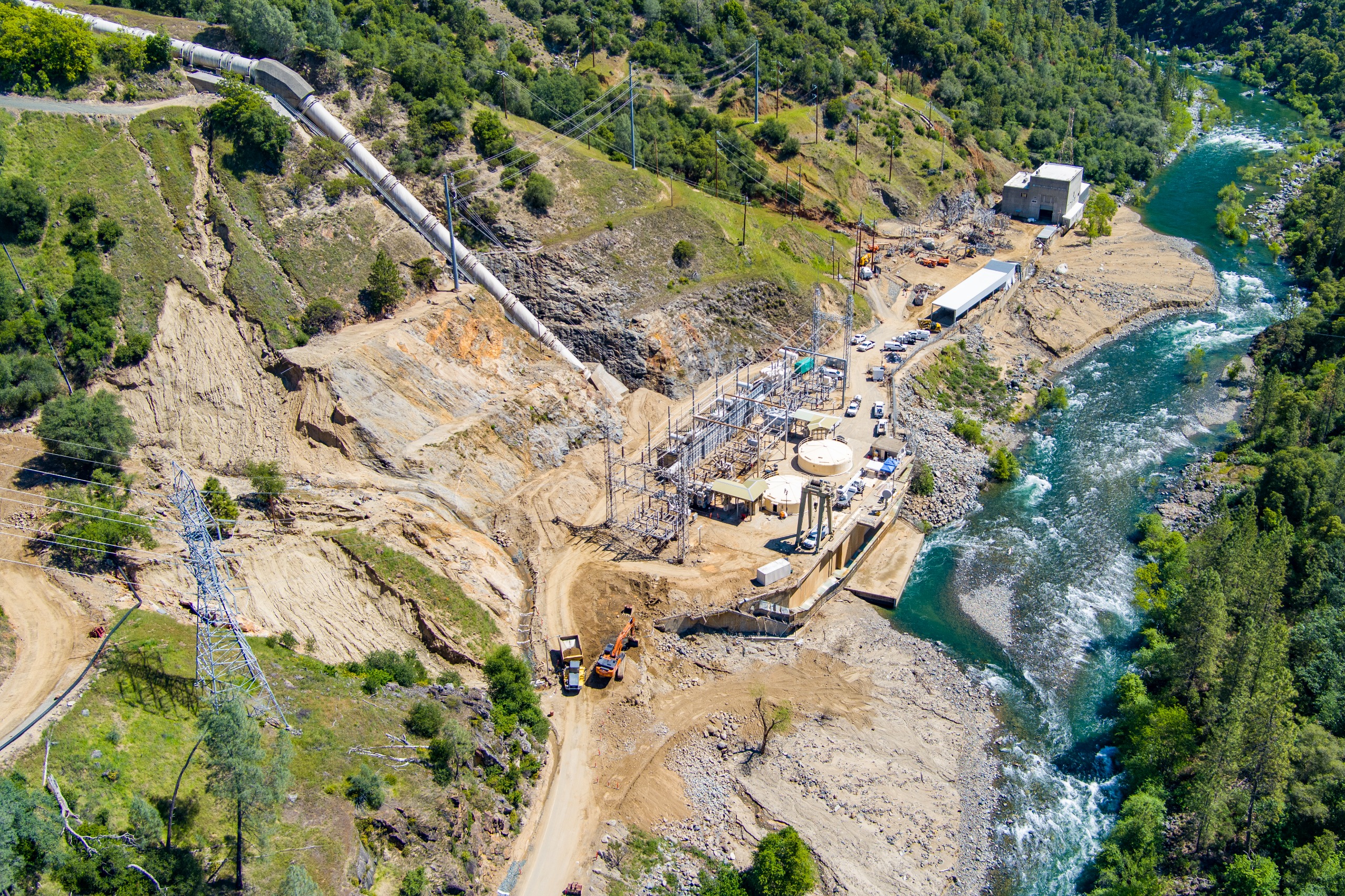 An aerial view looking upstream at New Colgate Powerhouse on the Yuba River. 