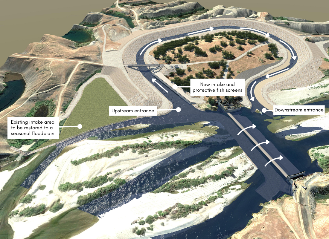 A aerial rendering of the Nature-like fishway next to Daguerre Point Dam on the lower Yuba River. 