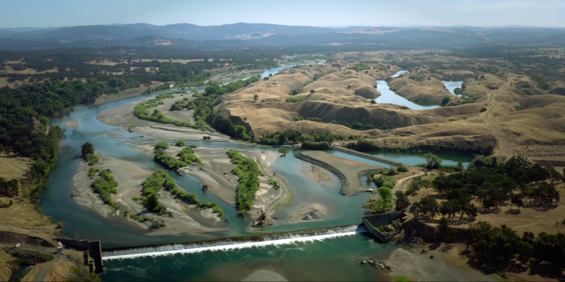 An aerial view looking upstream at Daguerre Point Dam on the lower Yuba River.